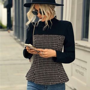 Puff sleeve plaid tweed peplum blouse